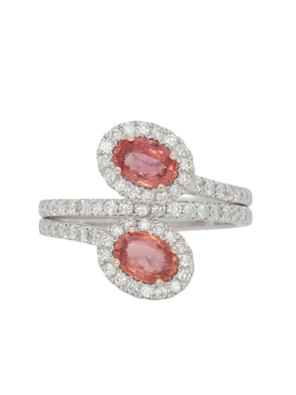 Natural Padparadscha Sapphire Double Stone Ring with Diamond Accents in 14K Gold